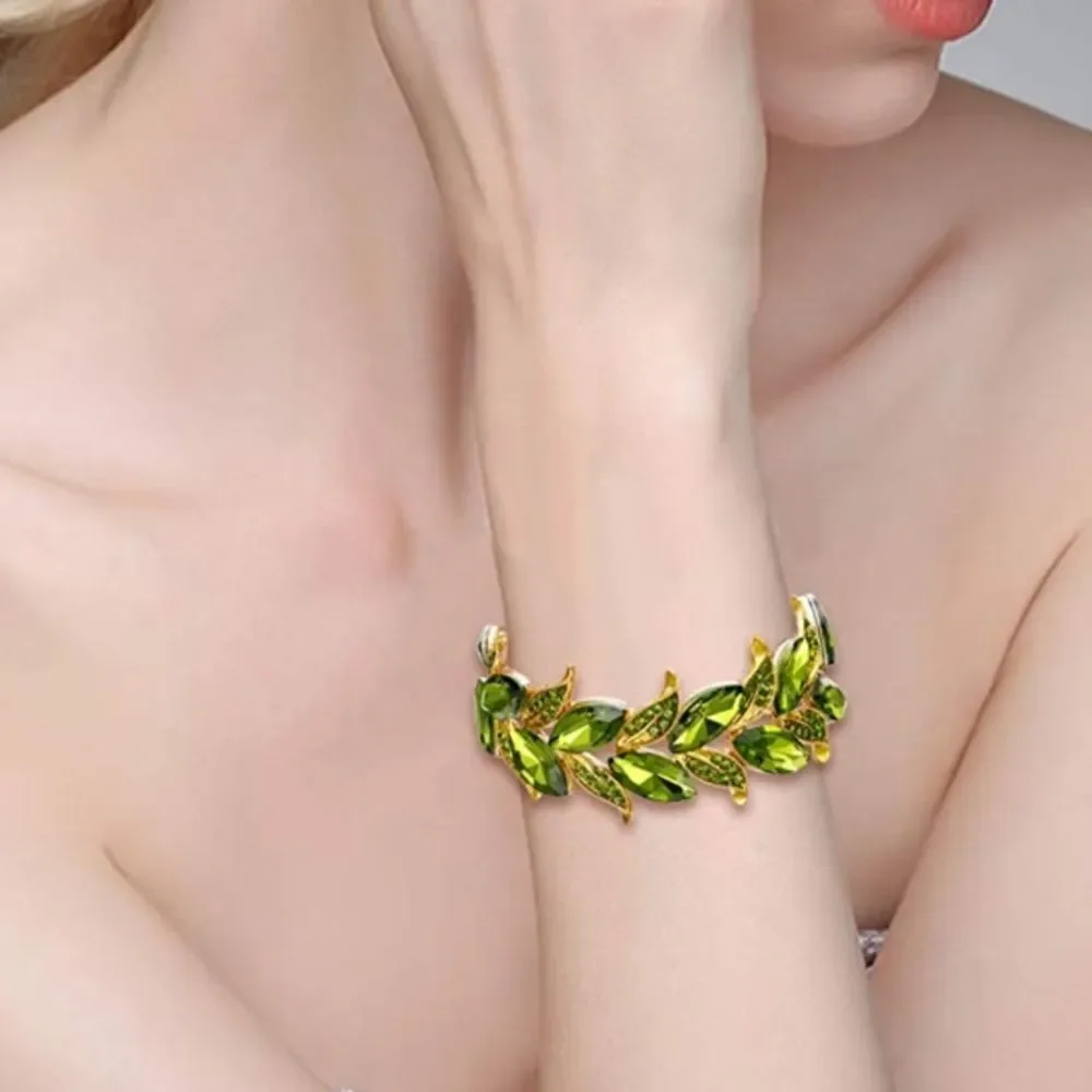 Yellow Gold and Green Peridot Austrian Crystal Leaf Stetchable Bracelet Bangle